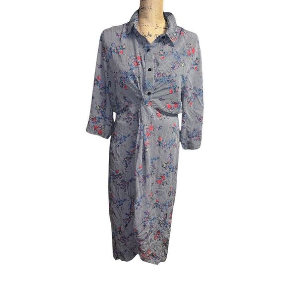 Suzanne Betro Long Sleeve Gray Striped Floral Design Waist Twist High Low Dress - Picture 3 of 11